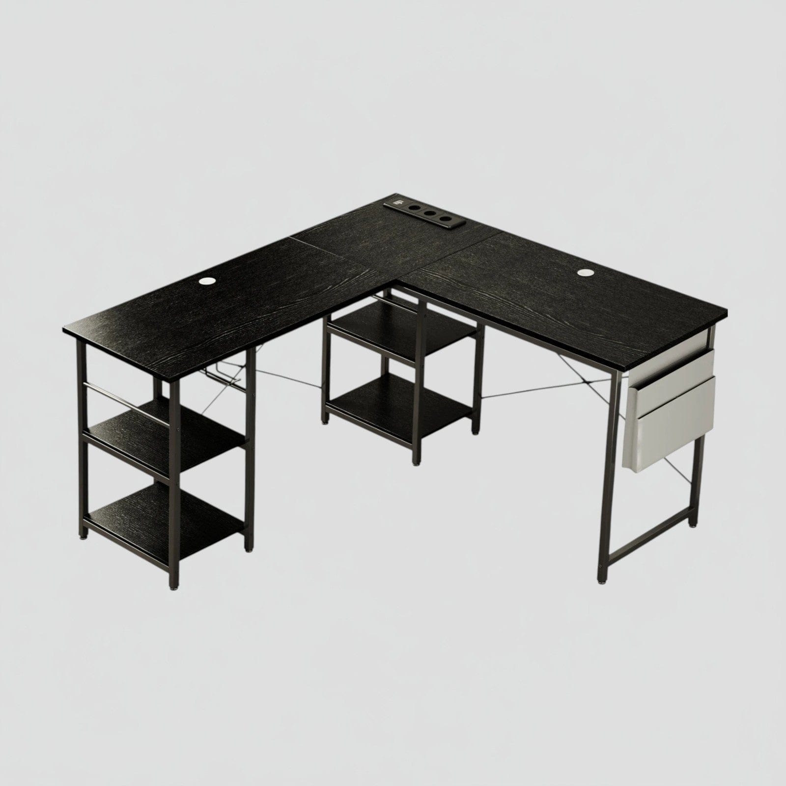 Noir Bureau d'Angle Industriel 140/230 cm avec Rangements et Hub Électrique Intégré