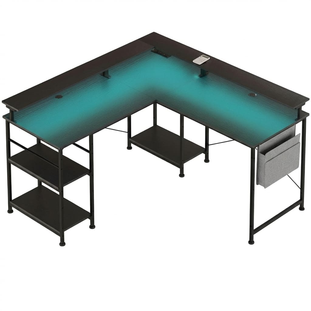 Noir Bureau d'Angle Modulable avec LED RGB et Multiprise Intégrée - Configuration Gaming et Télétravail