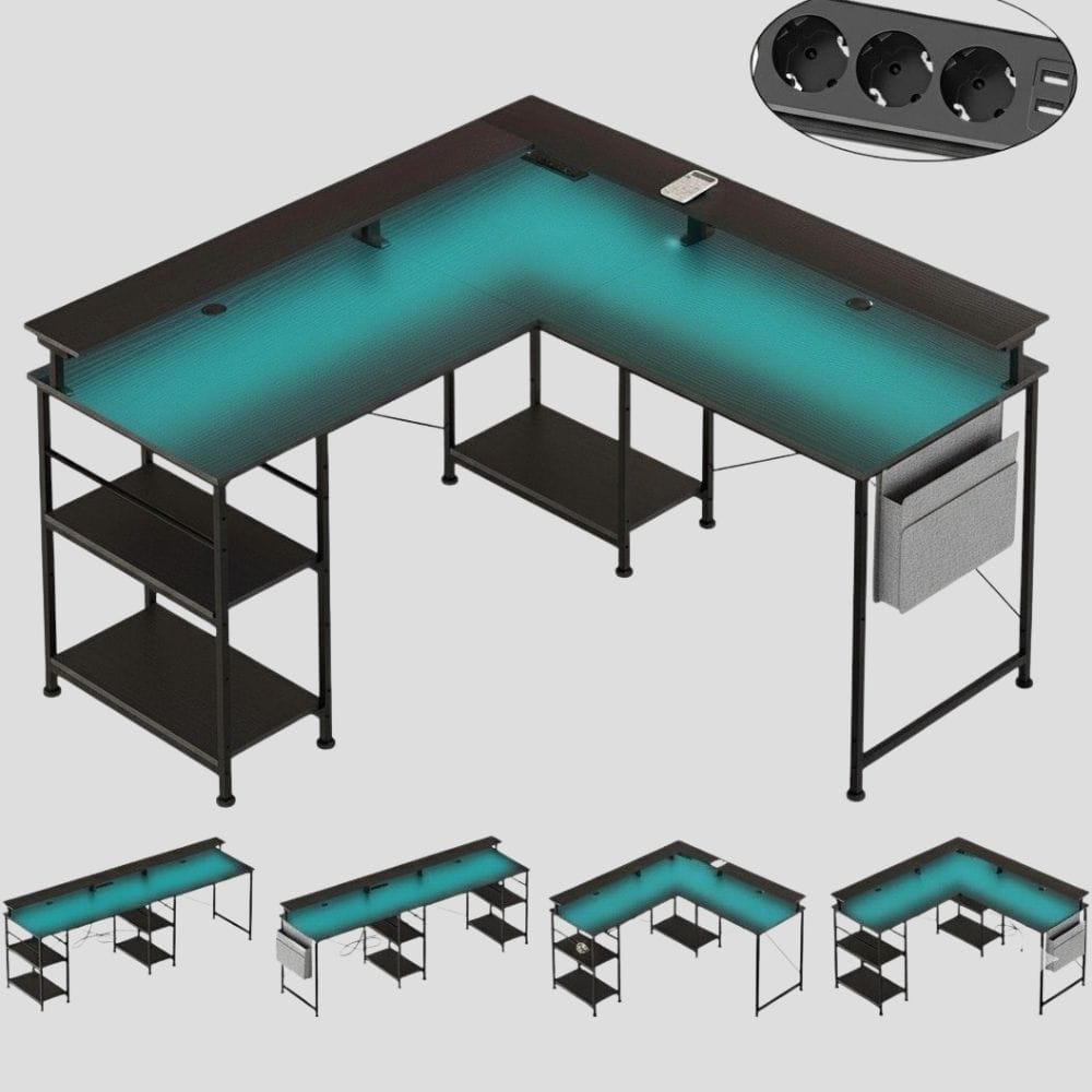 Noir Bureau d'Angle Modulable avec LED RGB et Multiprise Intégrée - Configuration Gaming et Télétravail