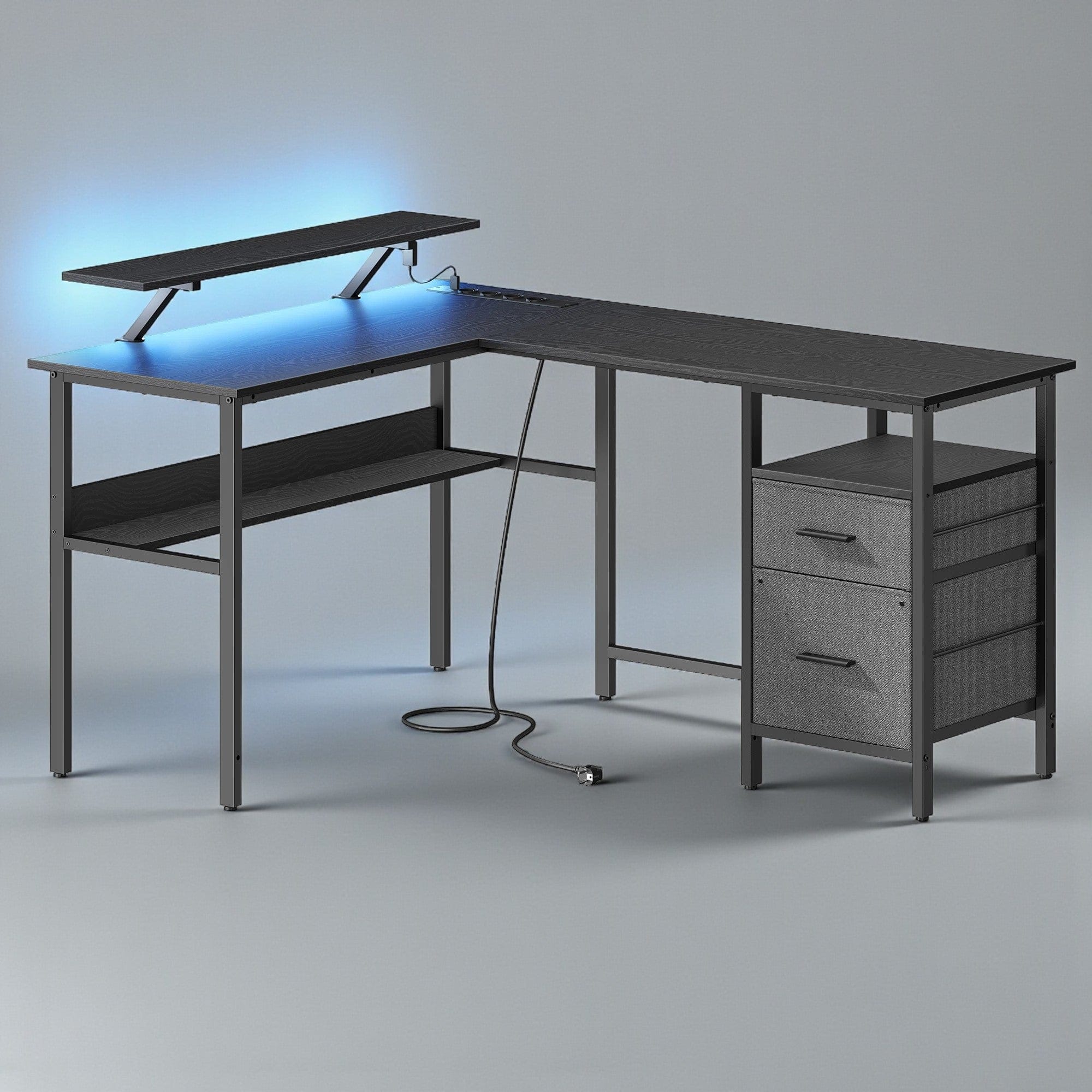 Noir Bureau Gaming LED en Forme de L avec Prises Intégrées et Support Moniteur Ergonomique