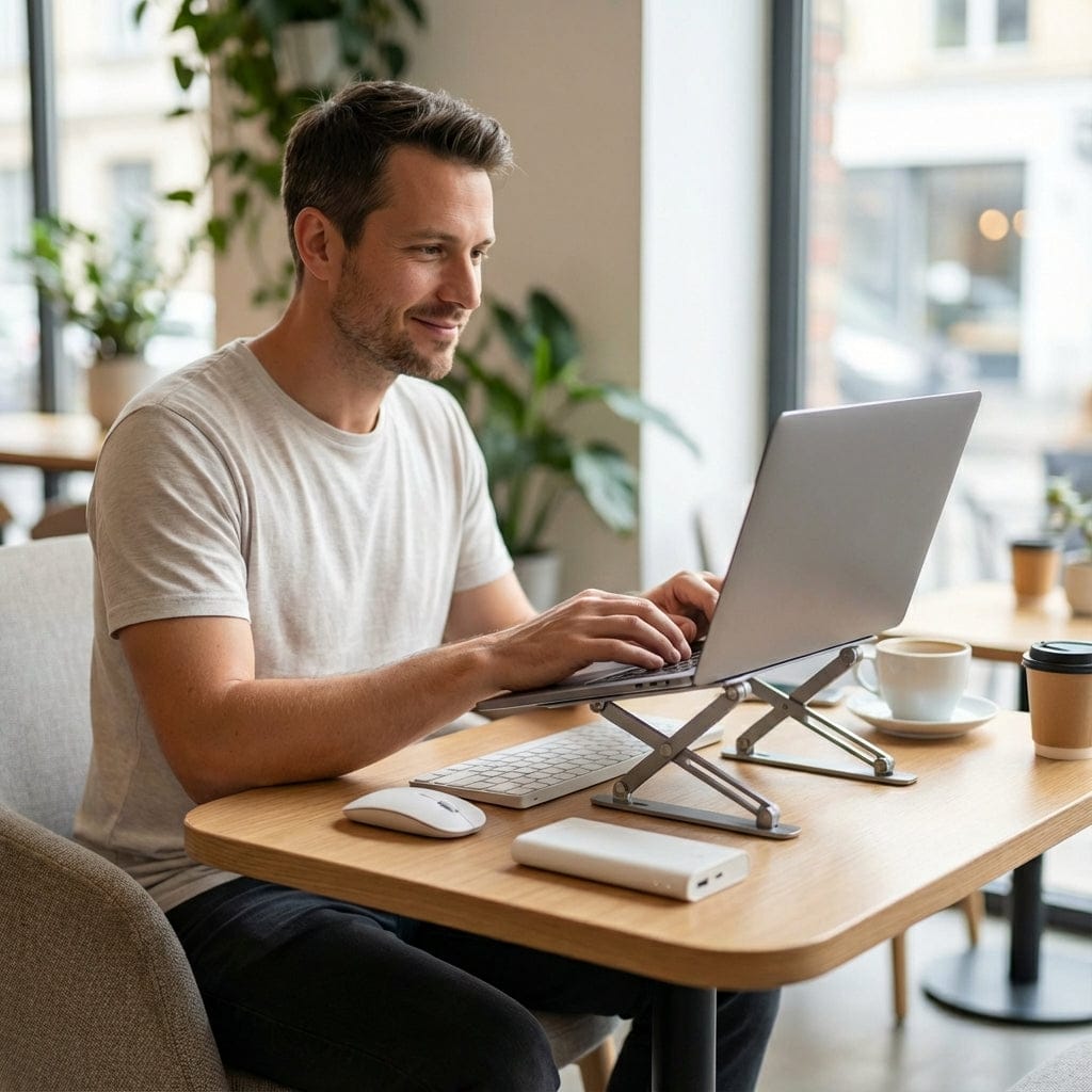 Homme souriant travaillant sur un ordinateur portable dans un café. L'ordinateur est surélevé par un support ergonomique portable. Il utilise également une souris et un clavier externe blancs, avec une batterie externe sur la table en bois.