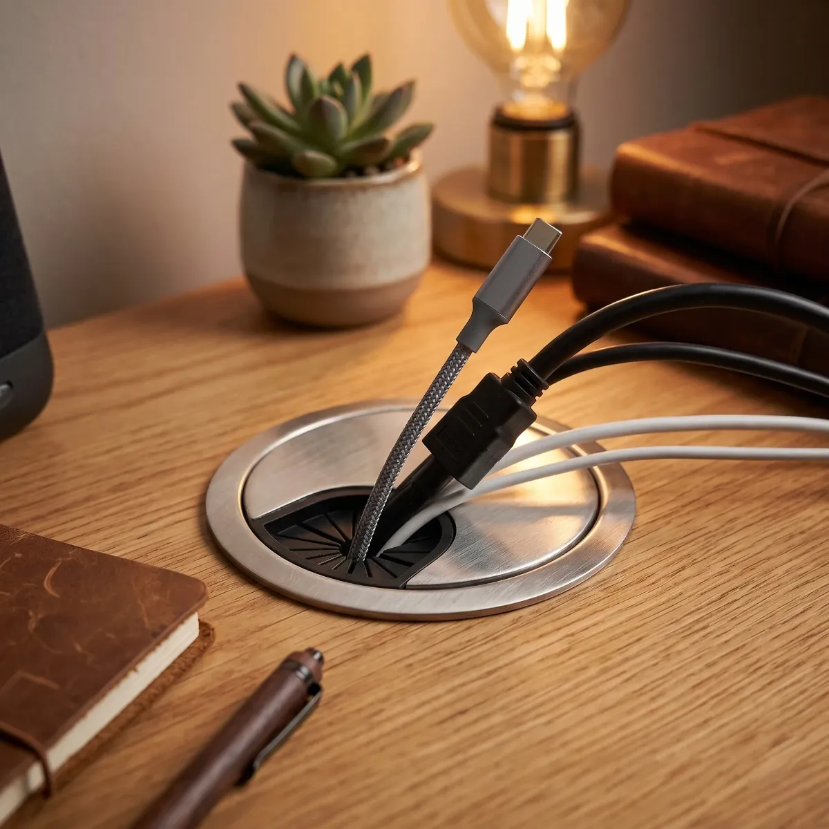 Gros plan sur un bureau en bois cosy avec l'Obturateur passe câbles Aura Core encastré, montrant plusieurs câbles gérés proprement pour un silence visuel impeccable.