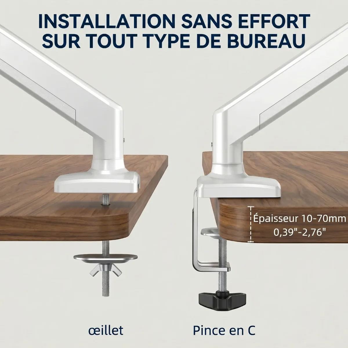 Guide d'installation du bras AeroFlex avec les deux options incluses : fixation par pince en C ou par œillet.