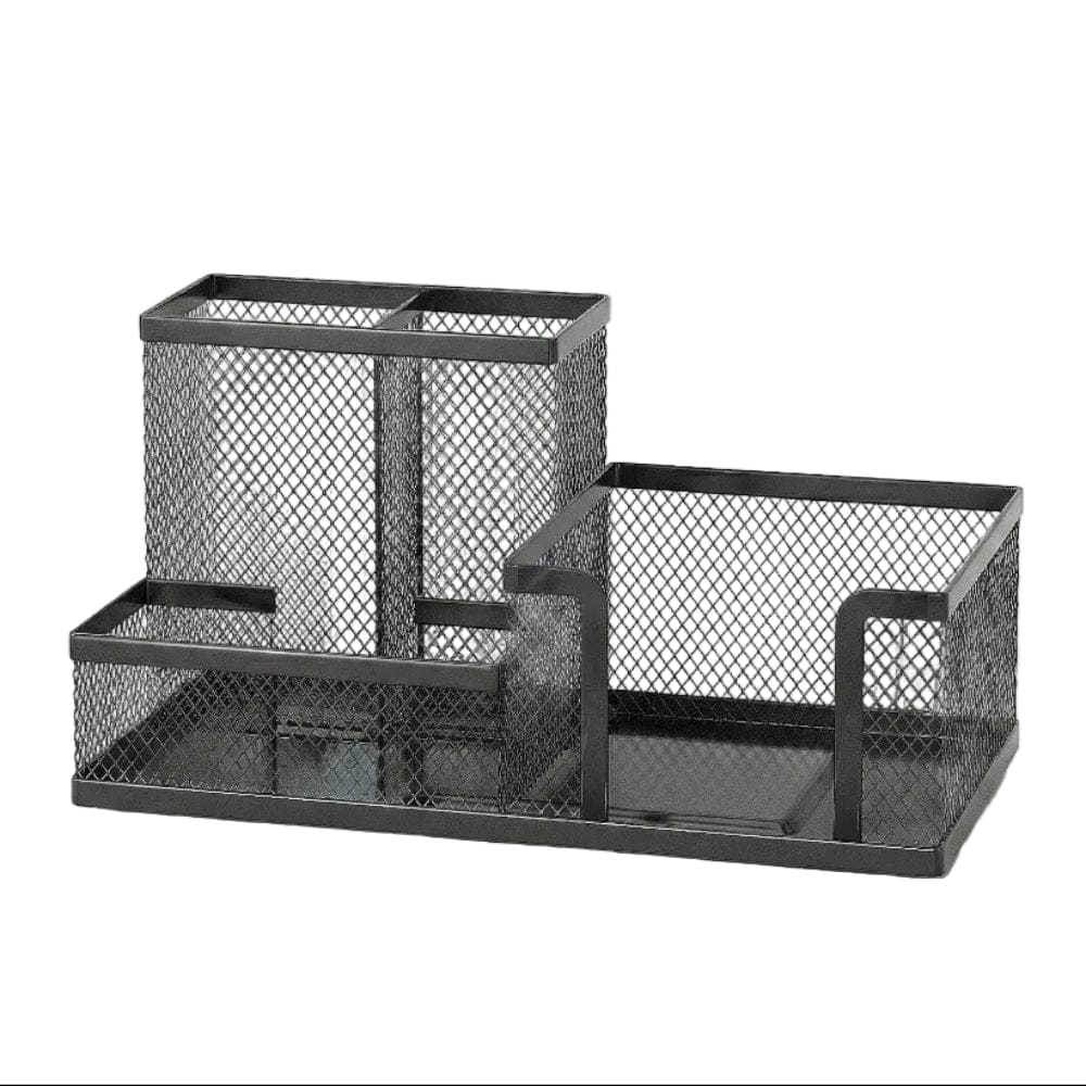 Vue de face de l'organisateur de bureau Nexus Mesh vide en maille d'acier noir robuste avec compartiments modulables.