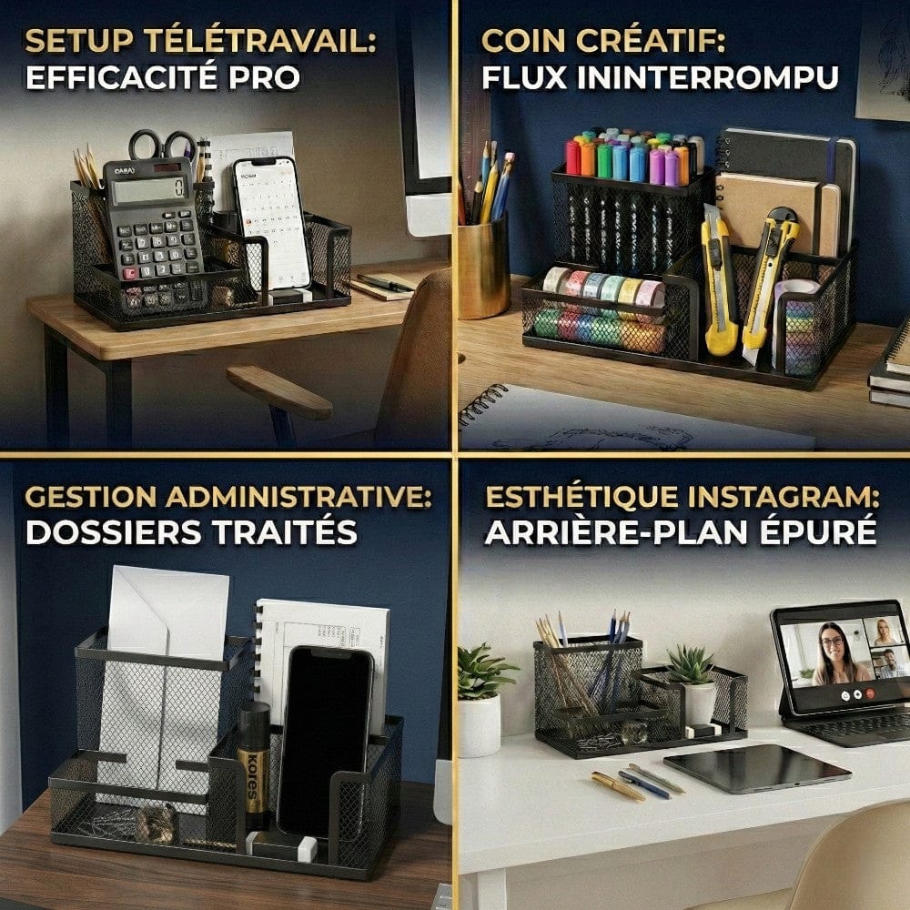 Quatre exemples d'utilisation de l'organisateur Nexus Mesh : télétravail, coin créatif, gestion administrative et esthétique Instagram.