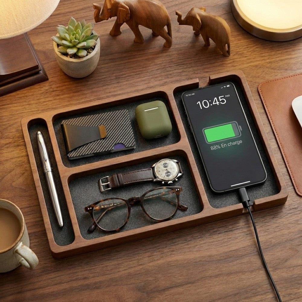 Organisateur de bureau OAKLY en bois noble avec compartiments pour téléphone, montre et accessoires.