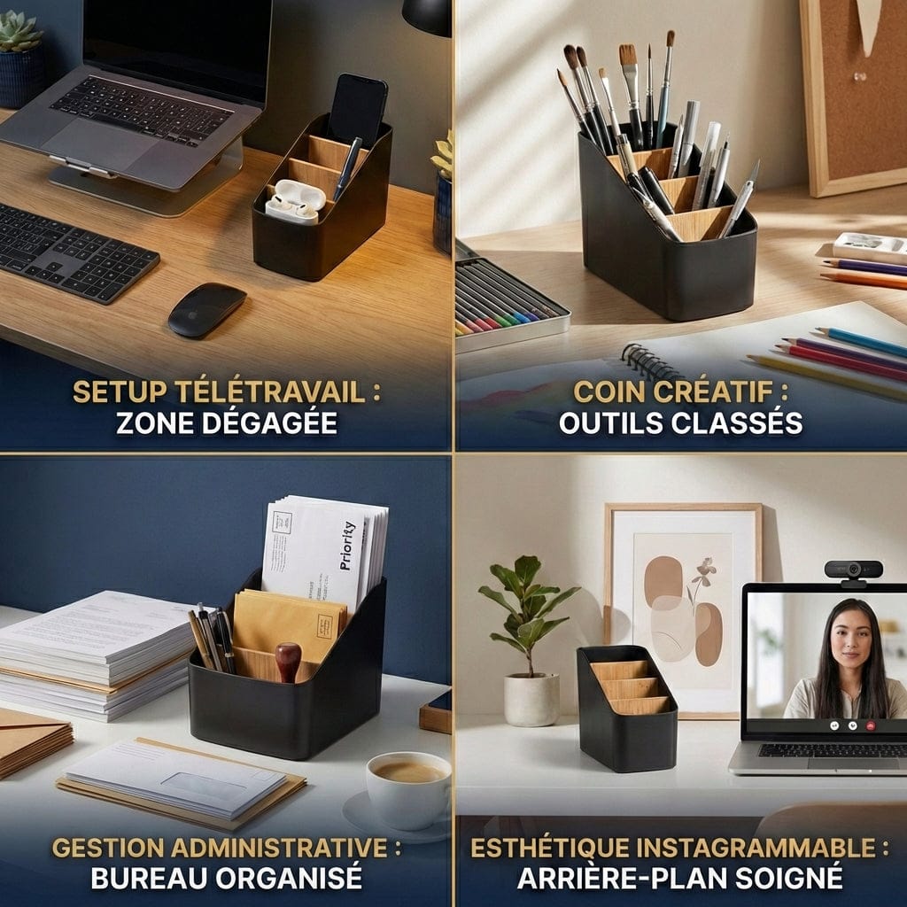 Quatre mises en situation de l'organisateur de bureau SKALA : télétravail, art, administratif et décoratif.