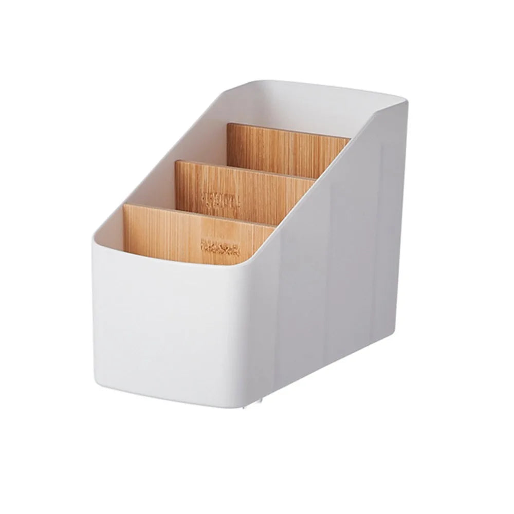 Organisateur de bureau SKALA blanc avec séparateurs en bambou naturel.