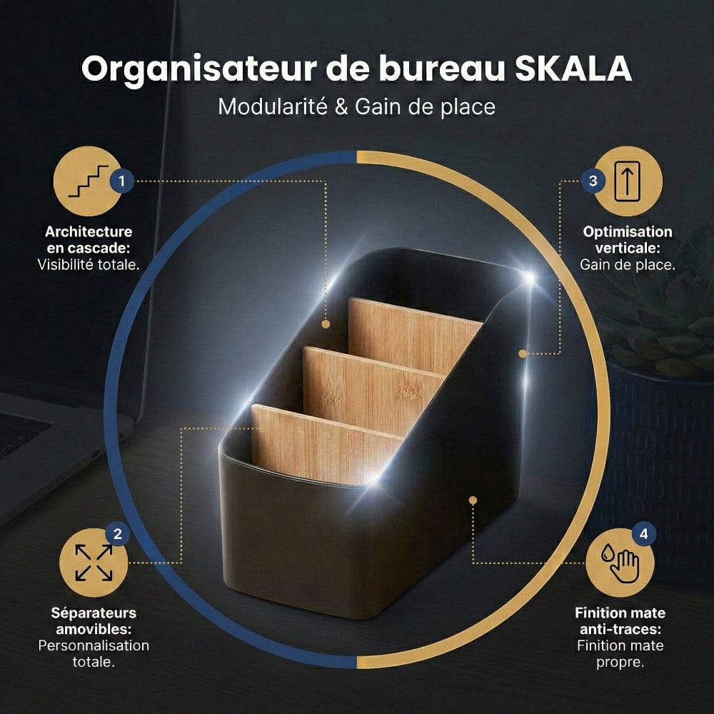 Infographie des fonctionnalités de l'organisateur de bureau SKALA : modularité et gain de place.