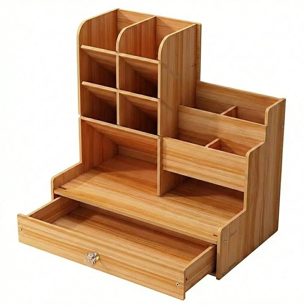 Organisateur de bureau WOODLY en bois naturel avec compartiments multiniveaux et tiroir.