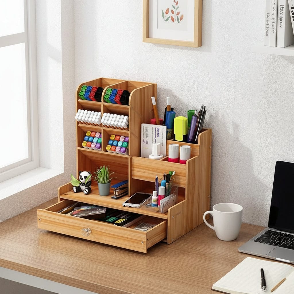 Organisateur de bureau WOODLY rempli de fournitures pour un gain d'espace optimal sur un plan de travail.