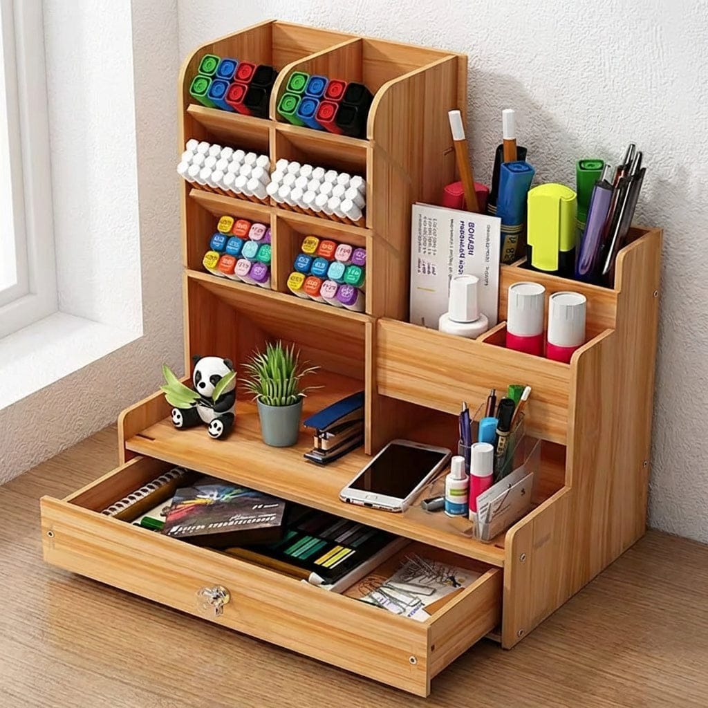 Organisateur de bureau WOODLY rempli de fournitures pour un gain d'espace optimal sur un plan de travail.