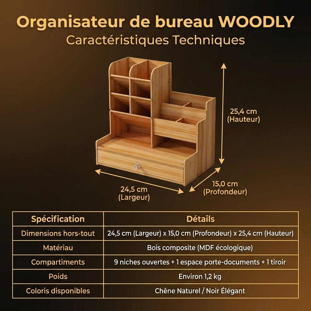 Dimensions détaillées et caractéristiques techniques de l'organisateur de bureau WOODLY en bois.