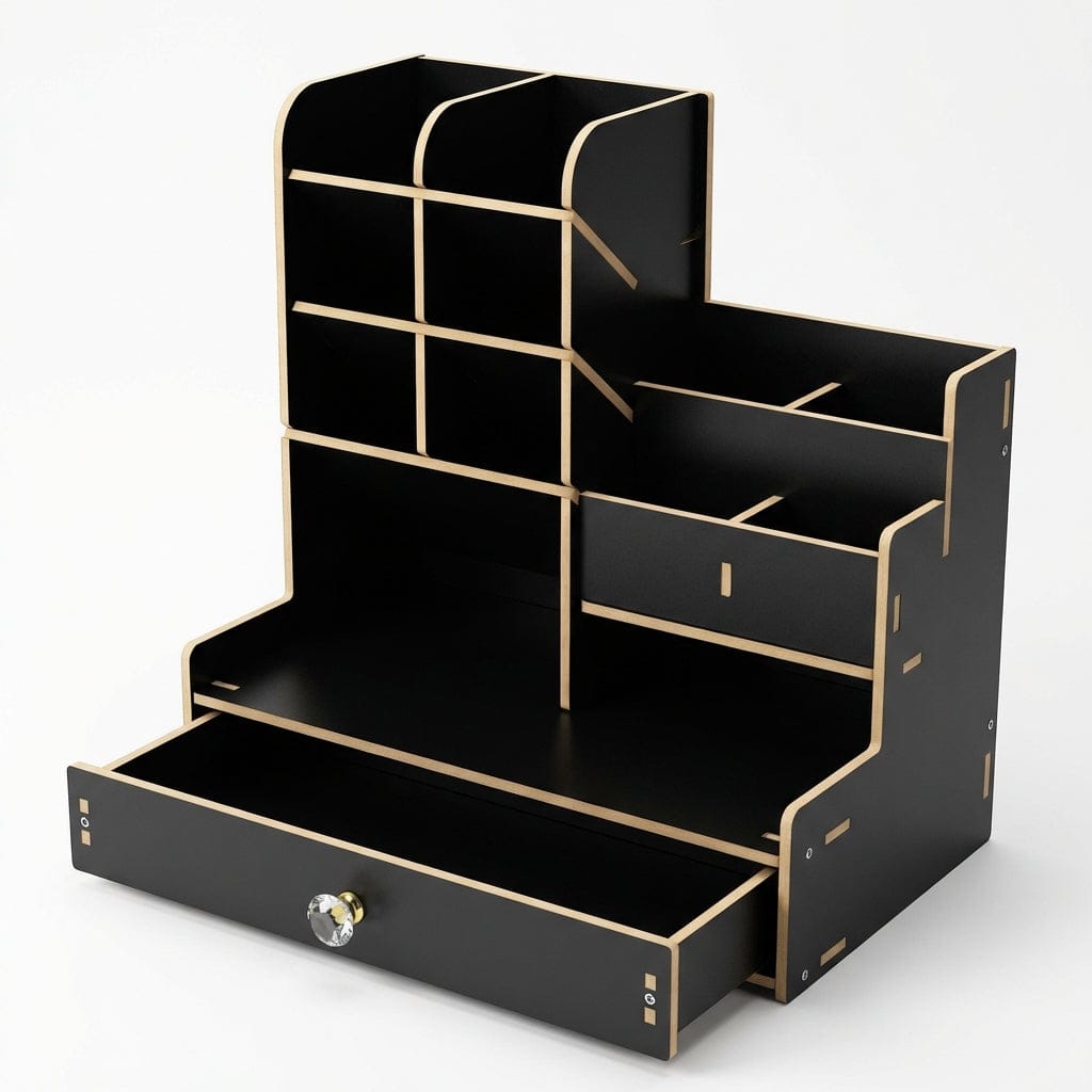Organisateur de bureau WOODLY coloris noir élégant et finitions bois pour gain d'espace.