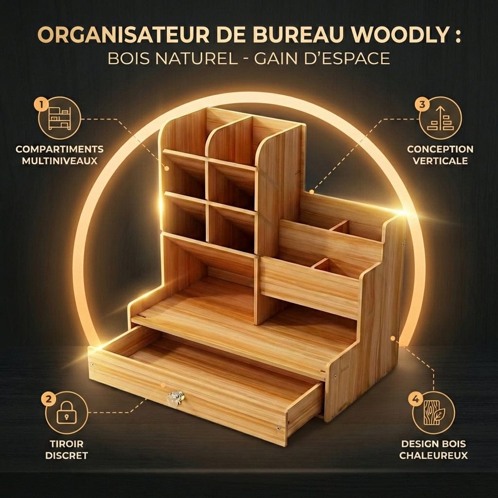 Infographie présentant les avantages de l'organisateur de bureau WOODLY : conception verticale et bois naturel.