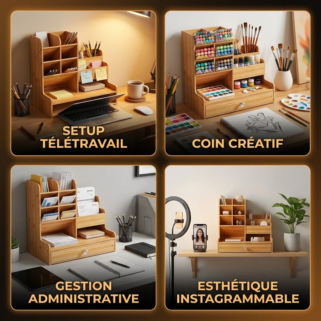 Exemples d'utilisation de l'organisateur WOODLY pour télétravail, coin créatif et gestion administrative.