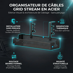 Infographie des bénéfices clés de l'Organisateur de câbles Grid Stream en Acier : installation sans perçage, dissipation thermique et routage bidirectionnel.