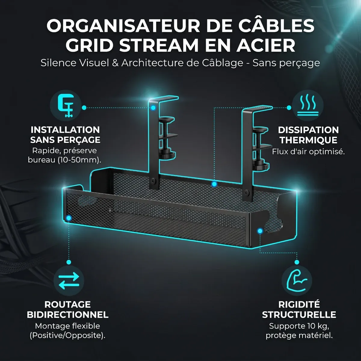 Infographie des bénéfices clés de l'Organisateur de câbles Grid Stream en Acier : installation sans perçage, dissipation thermique et routage bidirectionnel.