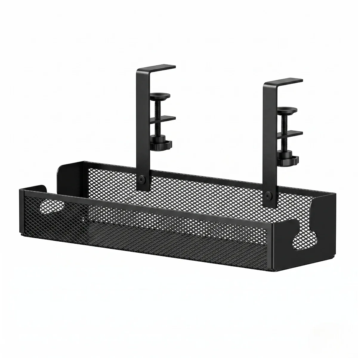 Photo produit haute définition de l'Organisateur de câbles Grid Stream en Acier noir avec système de fixation par pince sans perçage.