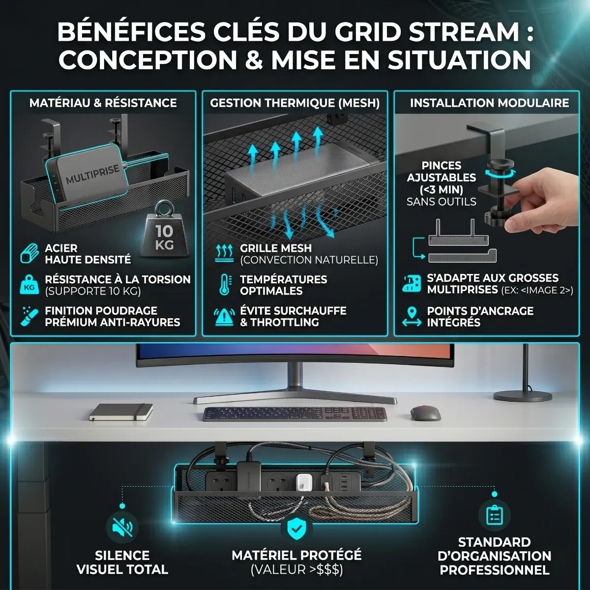 Détails techniques de la conception en acier de l'Organisateur de câbles Grid Stream : grille mesh pour convection naturelle et haute résistance à la torsion.