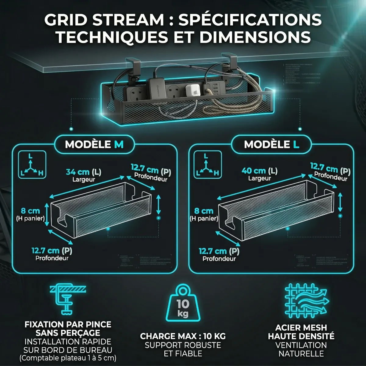 Dimensions précises et spécifications techniques des modèles M et L de l'Organisateur de câbles Grid Stream en Acier pour plateaux de 1 à 5 cm.