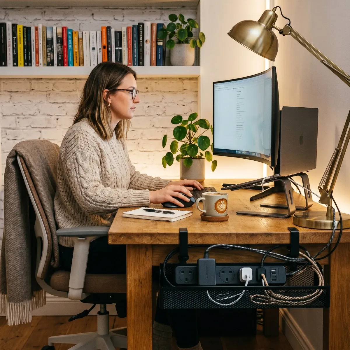 Mise en situation réelle de l'Organisateur de câbles Grid Stream en Acier dans un bureau home office pour un environnement de travail zen et ordonné.
