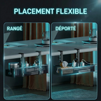 Comparatif du placement flexible de l'Organisateur de câbles Grid Stream en Acier : mode déporté pour l'accès ou mode rangé pour le silence visuel.