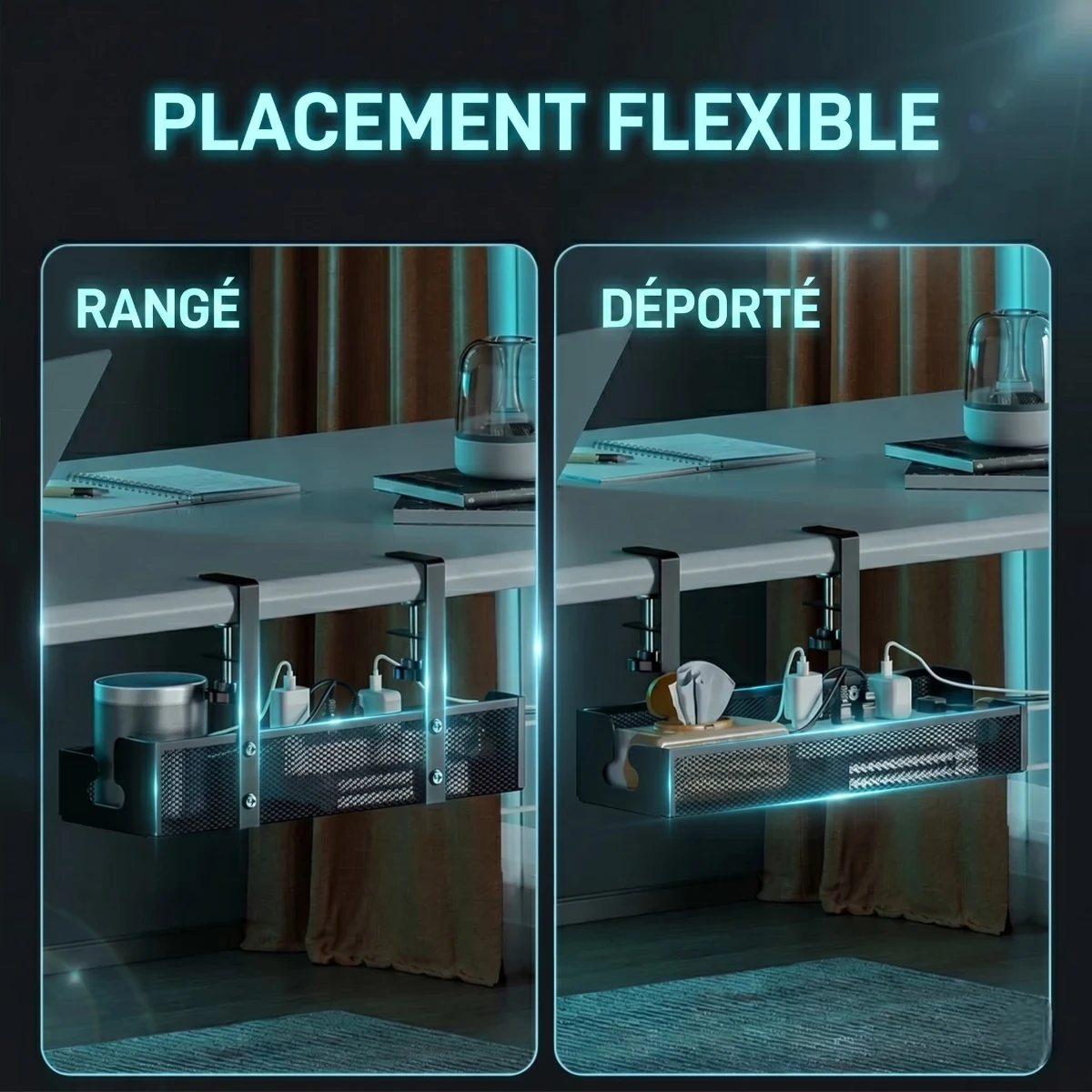 Comparatif du placement flexible de l'Organisateur de câbles Grid Stream en Acier : mode déporté pour l'accès ou mode rangé pour le silence visuel.