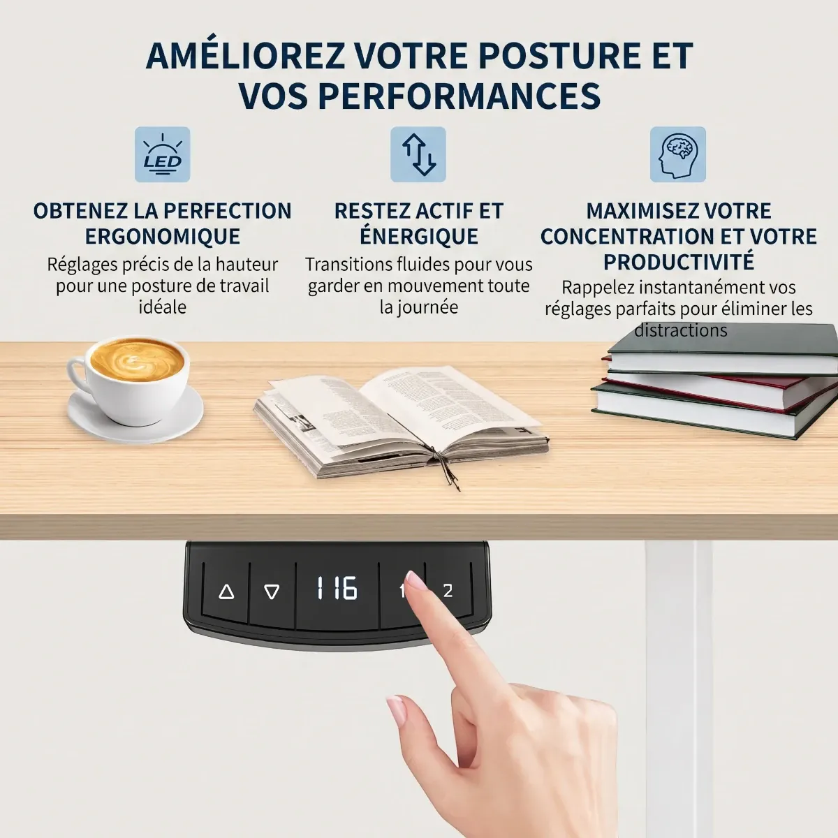 Gros plan sur le boîtier de commande tactile LED avec mémoire de hauteur du bureau d'angle motorisé Kinetik-L.
