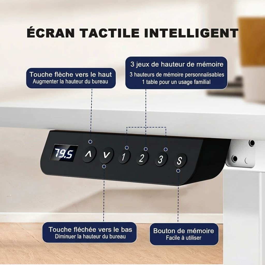 Panneau de contrôle intelligent avec écran LED tactile et 3 boutons de mémoire pour réglage de hauteur du bureau.