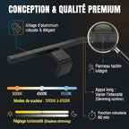 Détail du panneau tactile et des modes de température de couleur (3000K à 6500K) de la Screenbar VIZION.