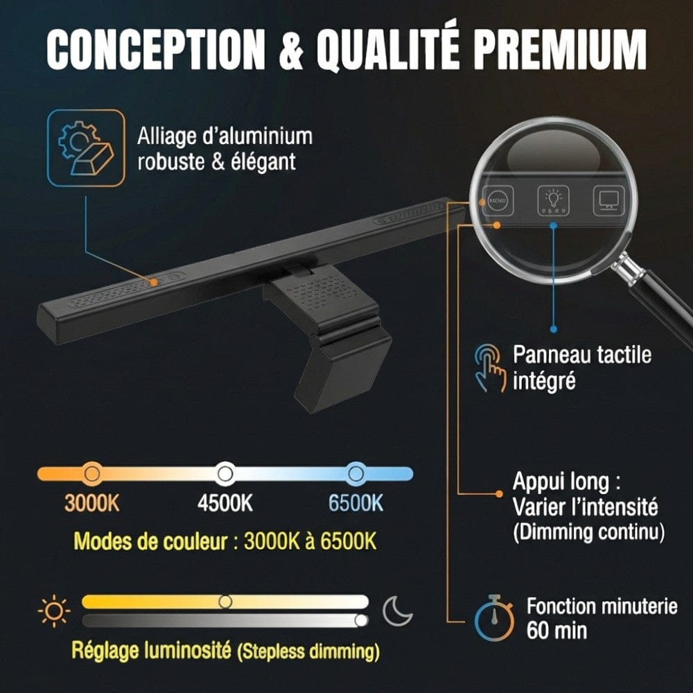 Détail du panneau tactile et des modes de température de couleur (3000K à 6500K) de la Screenbar VIZION.