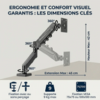 Spécifications techniques du pied écran PC ZenMotion Pro : compatibilité VESA, charge 9kg max, hauteur et extension.