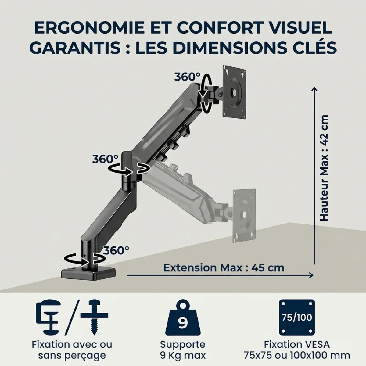 Spécifications techniques du pied écran PC ZenMotion Pro : compatibilité VESA, charge 9kg max, hauteur et extension.