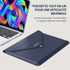 Pochette pour MacBook Lift bleu marine convertible offrant une protection antichoc ordinateur et une fonction support.