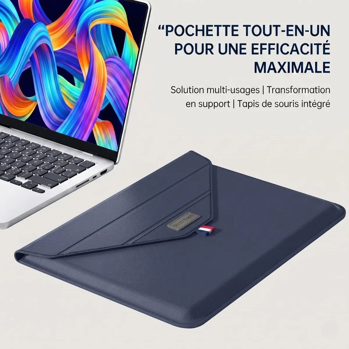 Pochette pour MacBook Lift bleu marine convertible offrant une protection antichoc ordinateur et une fonction support.