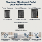 Tableau des dimensions et compatibilité pour pochette ordinateur 13 pouces, pochette ordinateur 14 pouces, pochette ordinateur 15 pouces et pochette pour ordinateur 15 pouces DuoFolio.