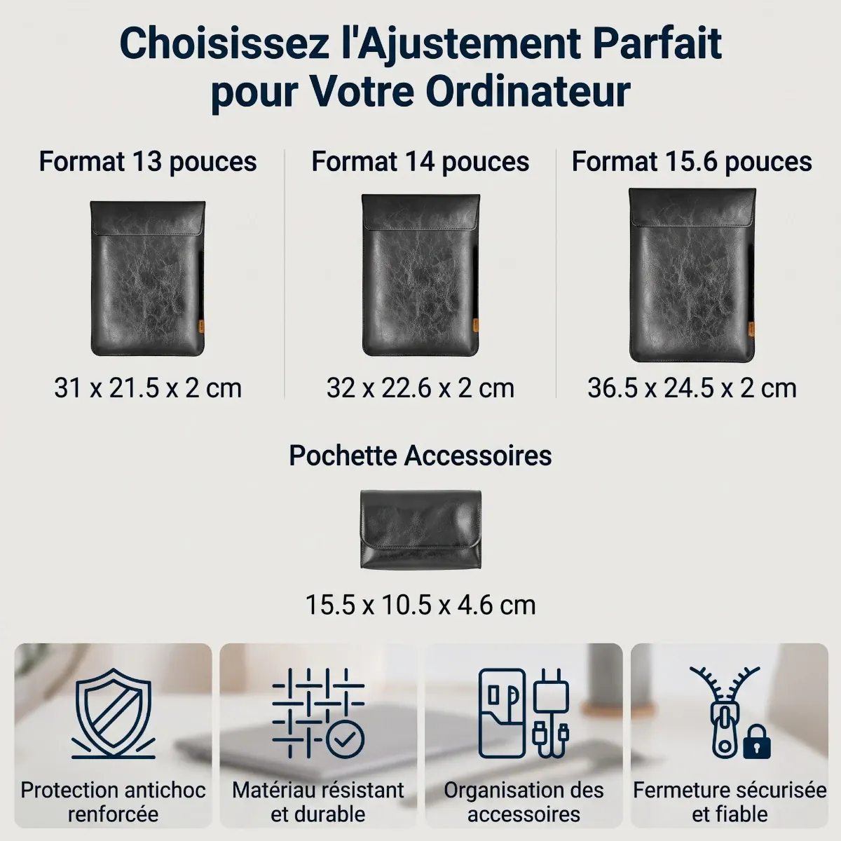 Tableau des dimensions et compatibilité pour pochette ordinateur 13 pouces, pochette ordinateur 14 pouces, pochette ordinateur 15 pouces et pochette pour ordinateur 15 pouces DuoFolio.