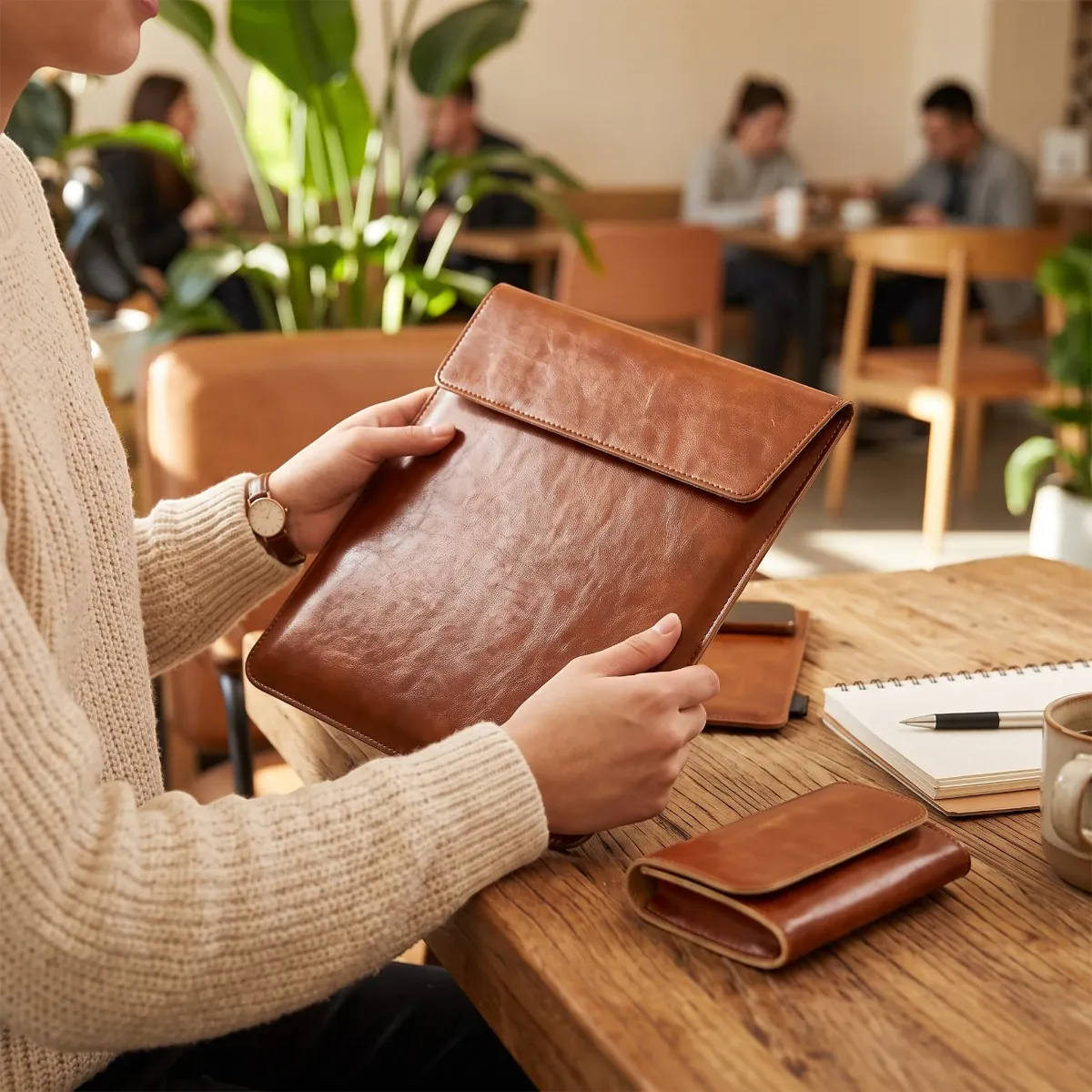 Pochette pour macbook DuoFolio tenue en main, bagage professionnel minimaliste et pochette fine ordinateur pour le travail nomade.
