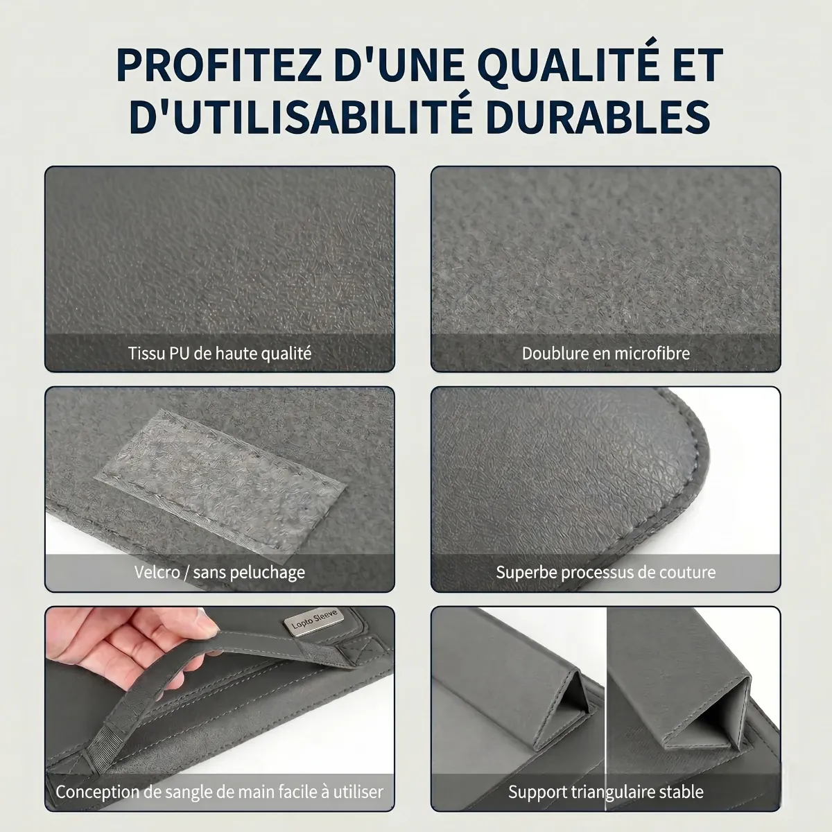 Zoom sur les finitions et la doublure de la pochette ordinateur Ergo Stand
