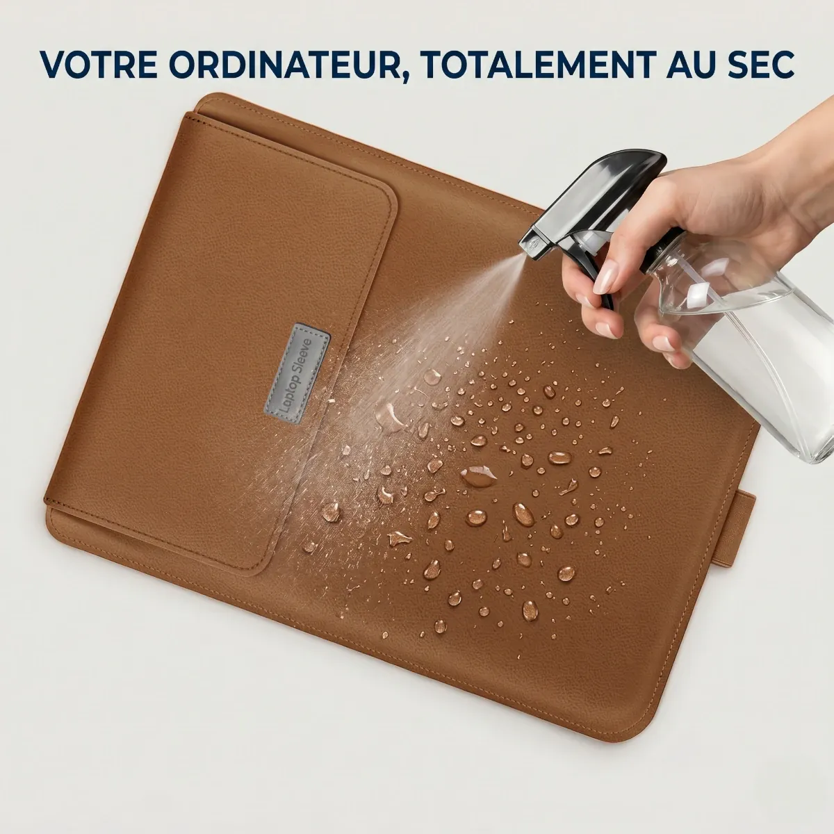 Démonstration du revêtement imperméable de la pochette ordinateur Ergo Stand