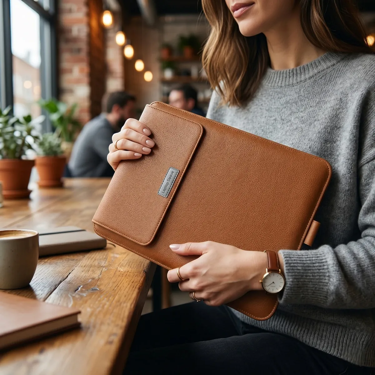 Femme portant la pochette ordinateur Ergo Stand comme bagage professionnel