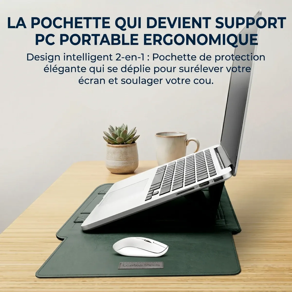 Pochette ordinateur Ergo Stand dépliée en support ergonomique pour PC portable