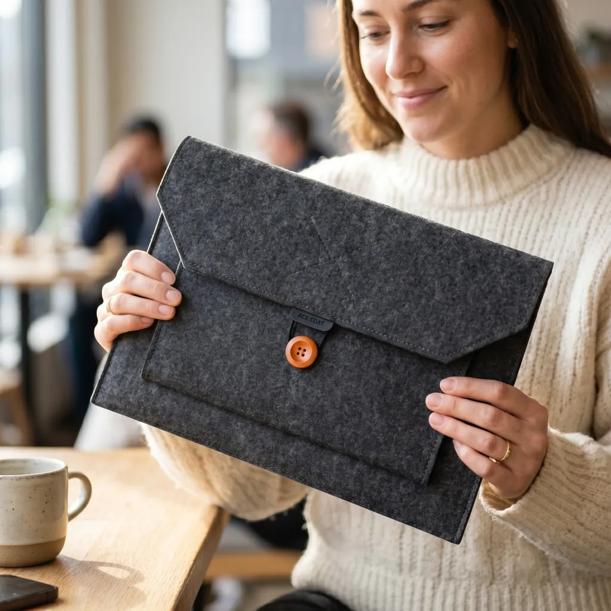 Jeune femme souriante dans un café, tenant une pochette d'ordinateur portable ACE COAT en feutre gris foncé. La pochette a un rabat triangulaire et une fermeture à bouton en bois orange avec élastique. Elle est assise à une table en bois avec un mug, pull torsadé crème visible.
