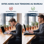 Pochette ordinateur fine CrocoTilt comparant la posture avant et après, support ergonomique optimisant le confort biomécanique.