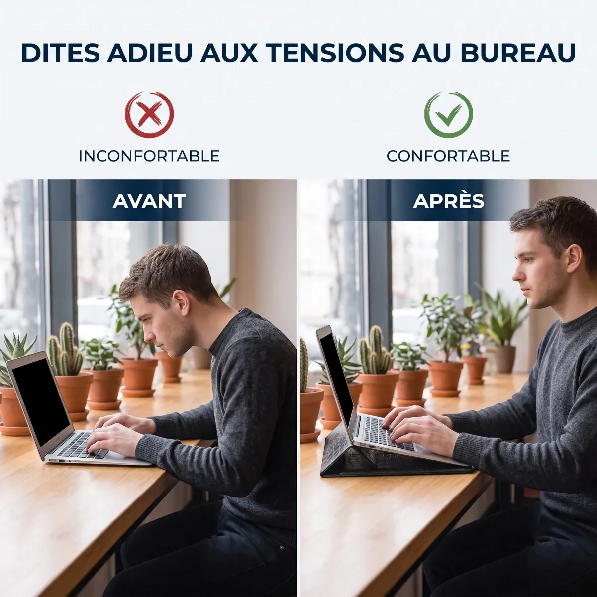 Pochette ordinateur fine CrocoTilt comparant la posture avant et après, support ergonomique optimisant le confort biomécanique.