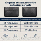 Pochette ordinateur fine CrocoTilt, guide des dimensions en cm pour formats 13, 14 et 15 pouces et caractéristiques techniques.