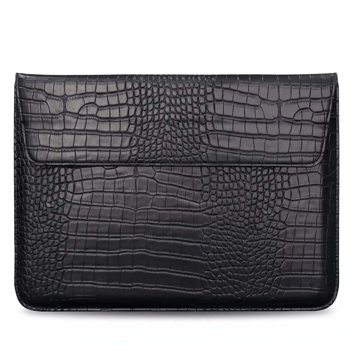 Pochette ordinateur fine CrocoTilt en cuir PU noir grainé crocodile, protection antichoc ordinateur et pochette macbook élégante pour commuters nomades.