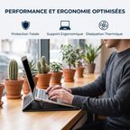 Pochette ordinateur fine CrocoTilt utilisée comme support ergonomique inclinable avec dissipation thermique et protection nomade.