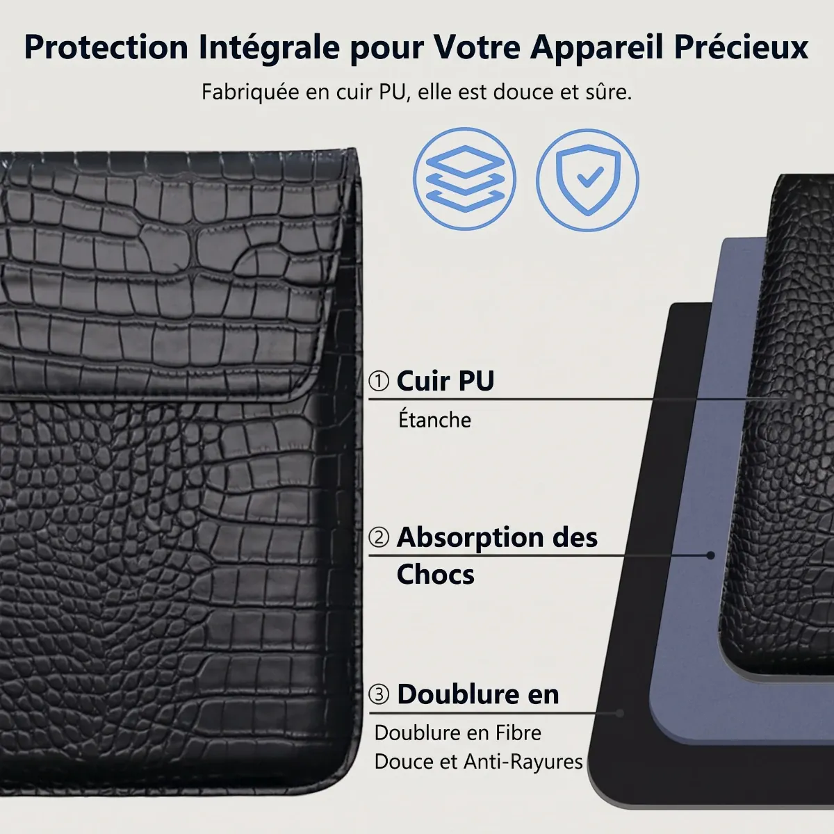 Pochette ordinateur fine CrocoTilt et sa structure multicouche antichoc (mousse EVA), protection totale 360 pour ordinateur.